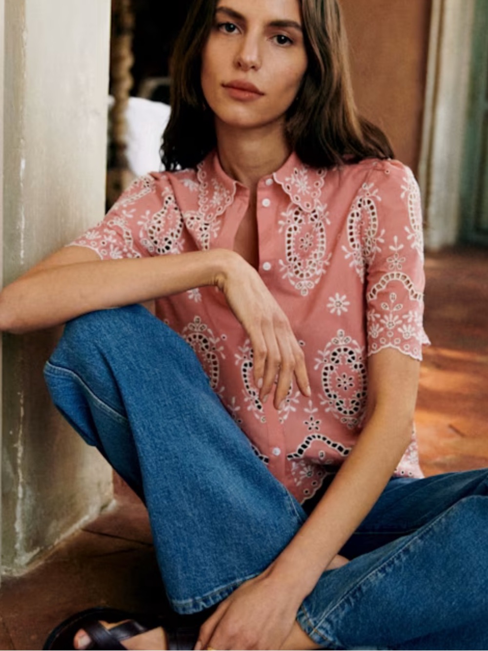 ·Sezane· Ecru Pink Elvira Embroidered Blouse Size 34